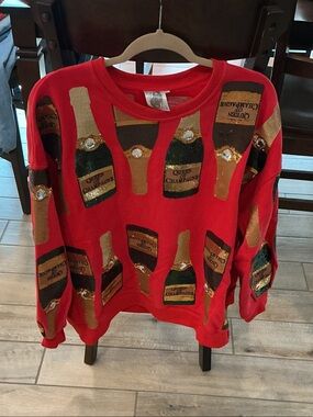 Champagne Red Crewneck Sweater with Gold Bottle Accents
